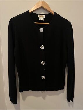 Talbots Black Long Sleeve Cardigan with Rhinestone Floral Buttons